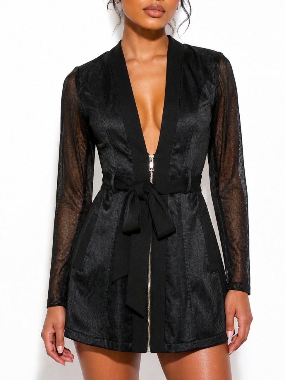 Privy Goth Mesh Zip Front Belted Mini Dress Sheer Sleeve Skater Dress Black S